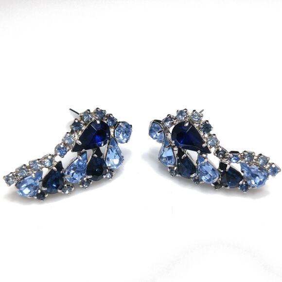Vintage Blue Rhinestone Clip Earrings, Ear Climbers, Rhodium Plated, 1960s - Picture 8 of 10